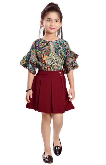 Girls' Bohemian Print Ruffle-Sleeve Top and Maroon Pleated Skirt Set
