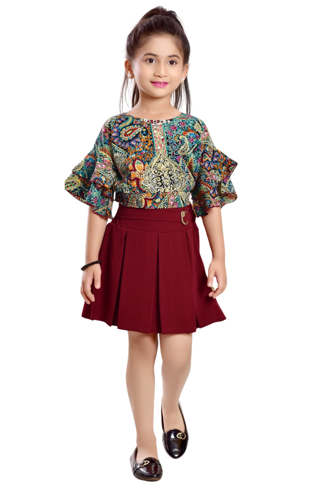 Girls' Bohemian Print Ruffle-Sleeve Top and Maroon Pleated Skirt Set