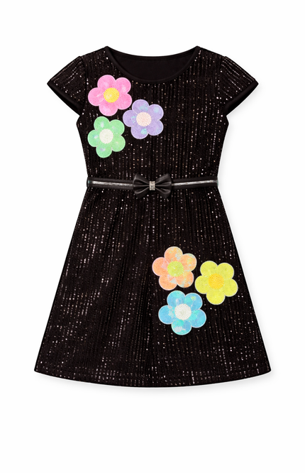 Black Sequin Party Dress with Floral Applique