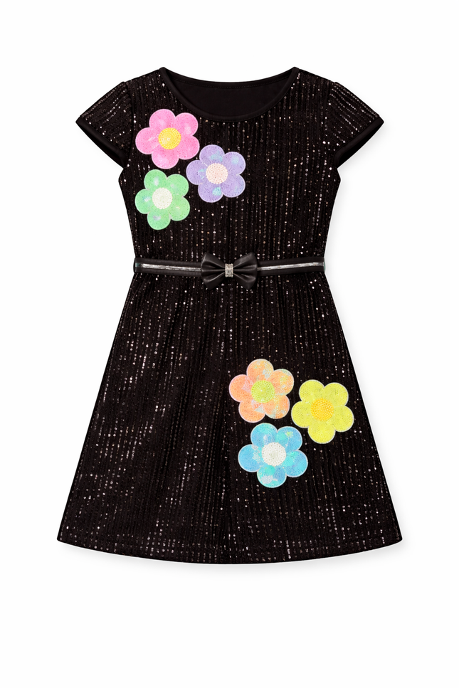 Black Sequin Party Dress with Floral Applique