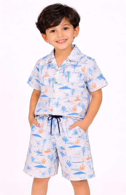 Boys' White Desert Botanical Print Shirt and Matching Drawstring Shorts Set