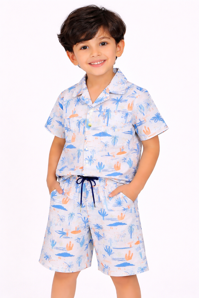 Boys' White Desert Botanical Print Shirt and Matching Drawstring Shorts Set