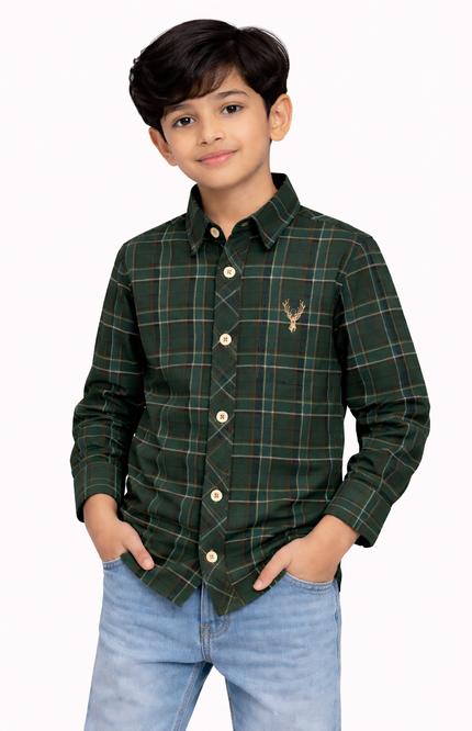 Kids' Designer Forest Green Checked Full-Sleeve Shirt – Premium Apple Cut Hem