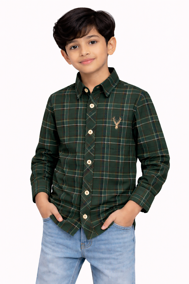 Kids' Designer Forest Green Checked Full-Sleeve Shirt – Premium Apple Cut Hem