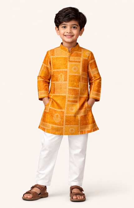 Kids' Ethnic Festive Set – Traditional Ochre Yellow Kurta & Cotton Pajama