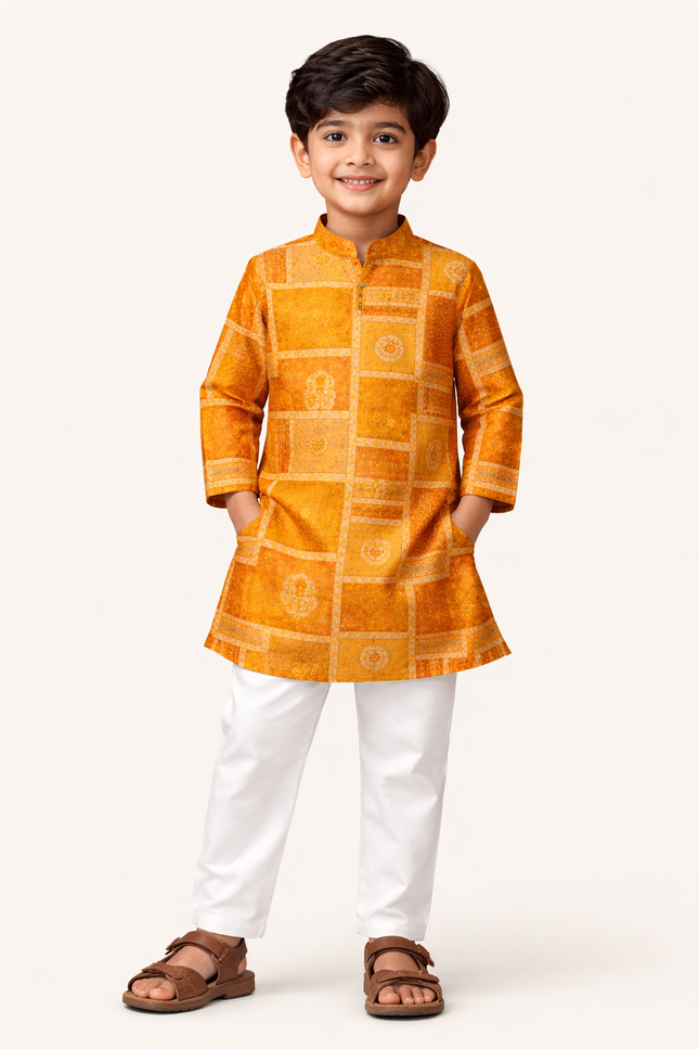 Kids' Ethnic Festive Set – Traditional Ochre Yellow Kurta & Cotton Pajama