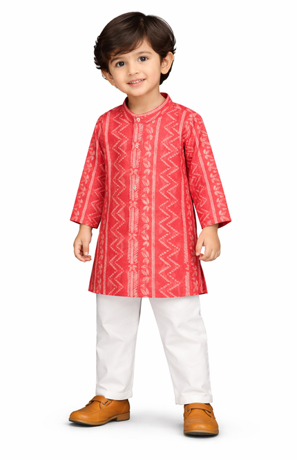 Kids' Ethnic Festive Wear – Premium Red Cotton Kurta Set with White Pajama