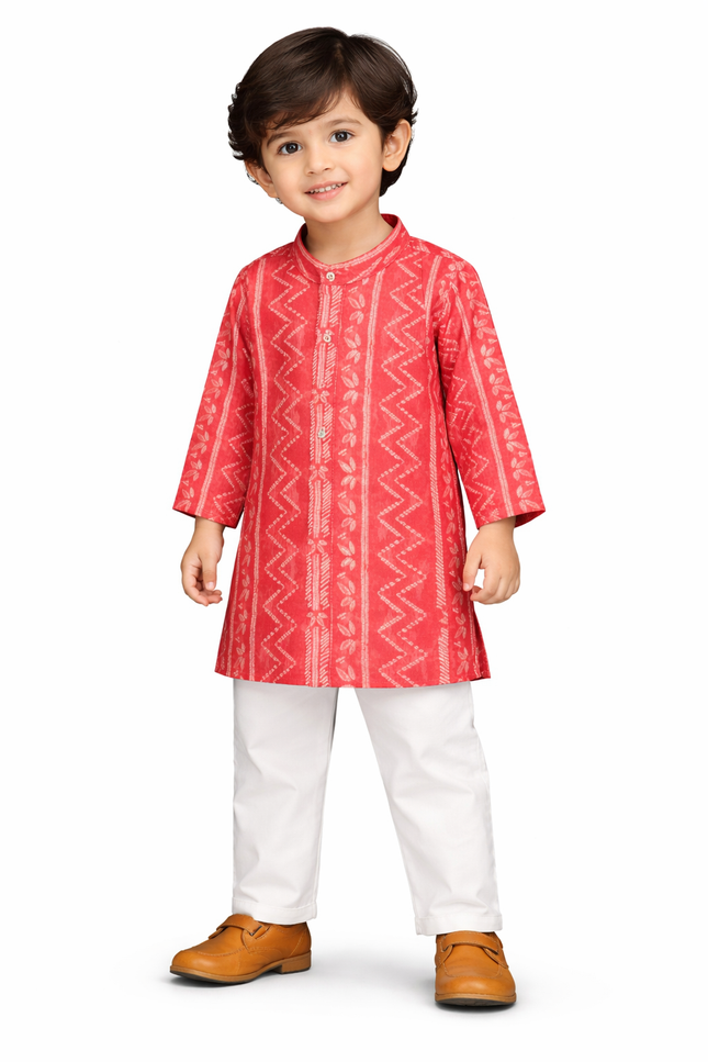 Kids' Ethnic Festive Wear – Premium Red Cotton Kurta Set with White Pajama