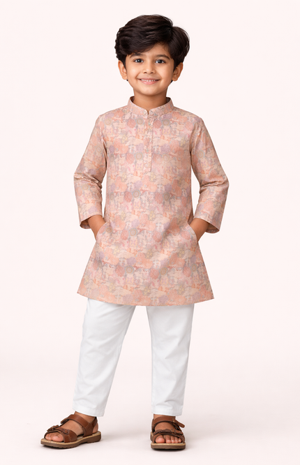 Boys' Peach Bohemian Mandala Patchwork Kurta & Pajama Set