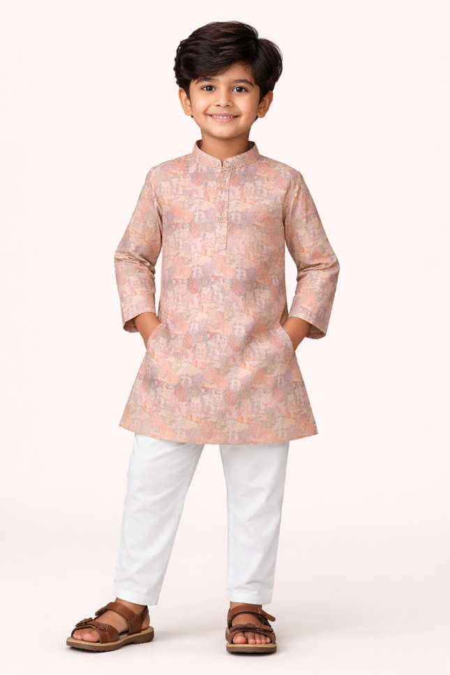 Boys' Peach Bohemian Mandala Patchwork Kurta & Pajama Set