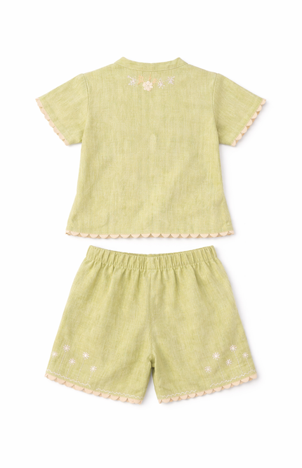 Girls' Sage Green Linen-Blend Short Set with Scalloped Edges and Floral Appliqué