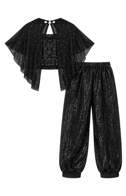 Girls' Black Sequin Crop Top and Dhoti Pant Set with Sheer Shimmer Cape