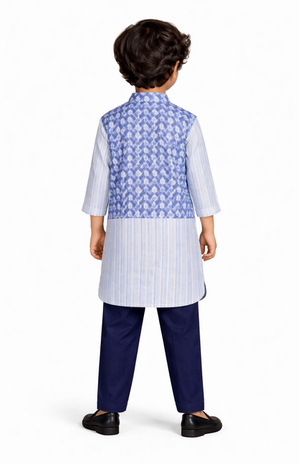 Boys' Indigo Chevron Print 3-Piece Kurta Pajama Set with Waistcoat