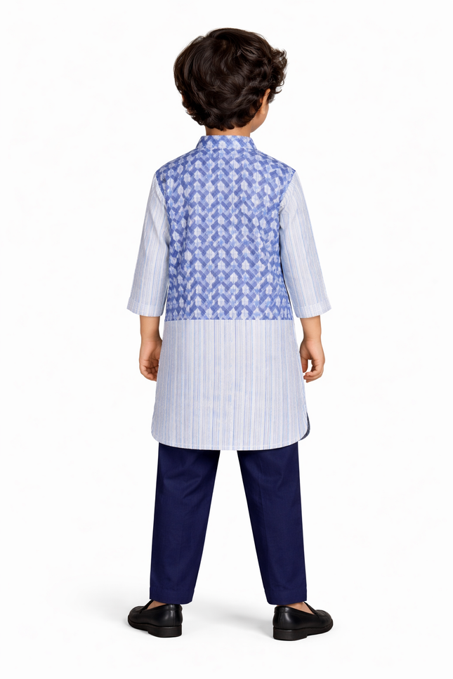 Boys' Indigo Chevron Print 3-Piece Kurta Pajama Set with Waistcoat