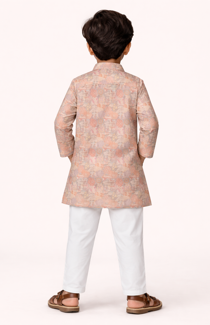 Boys' Peach Bohemian Mandala Patchwork Kurta & Pajama Set