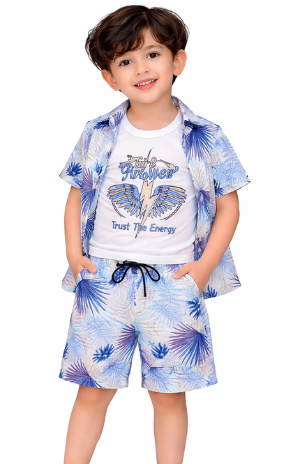 Boys' 3-Piece Tropical Vacation Set – Shirt, Graphic Vest & Shorts