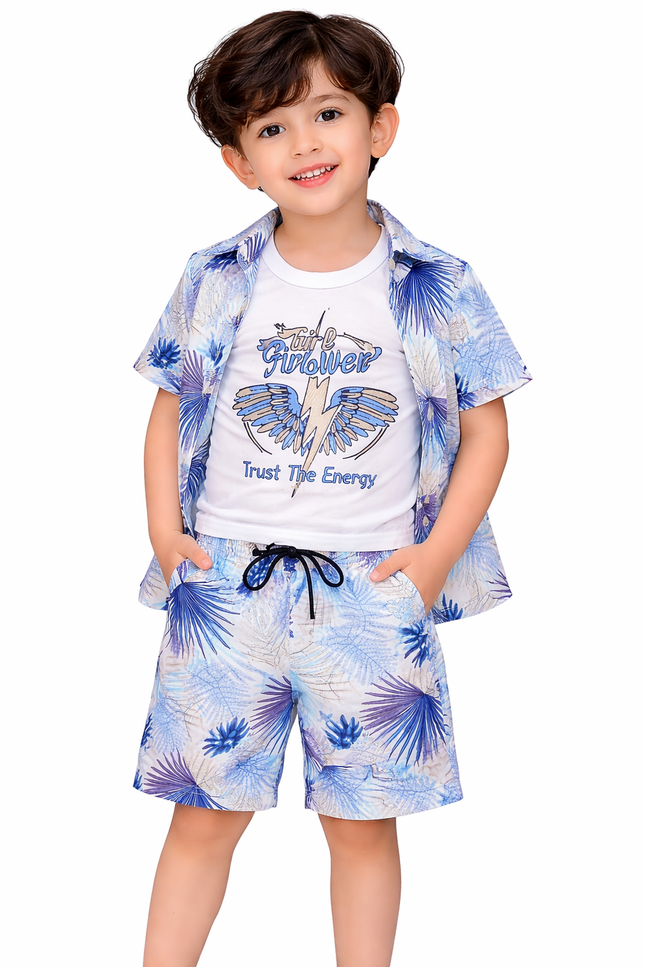Boys' 3-Piece Tropical Vacation Set – Shirt, Graphic Vest & Shorts