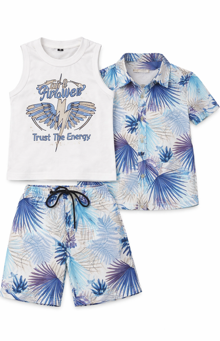 Boys' 3-Piece Tropical Vacation Set – Shirt, Graphic Vest & Shorts