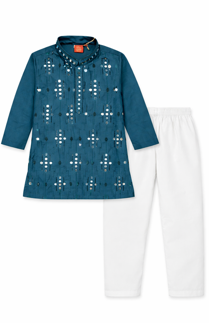 Boys' Royal Teal Kurta Set with Intricate Mirror & Sequin Work