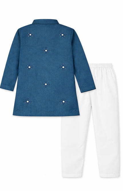 Boys' Royal Teal Kurta Set with Intricate Mirror & Sequin Work