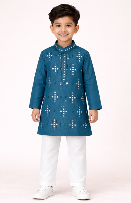 Boys' Royal Teal Kurta Set with Intricate Mirror & Sequin Work