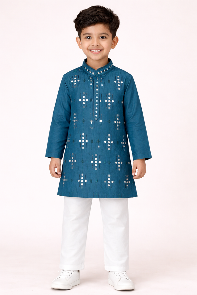 Boys' Royal Teal Kurta Set with Intricate Mirror & Sequin Work