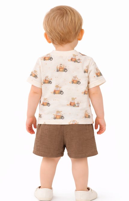 Infant Boys' Cream All-Over Tractor Print Tee and Brown Slub-Textured Shorts Set