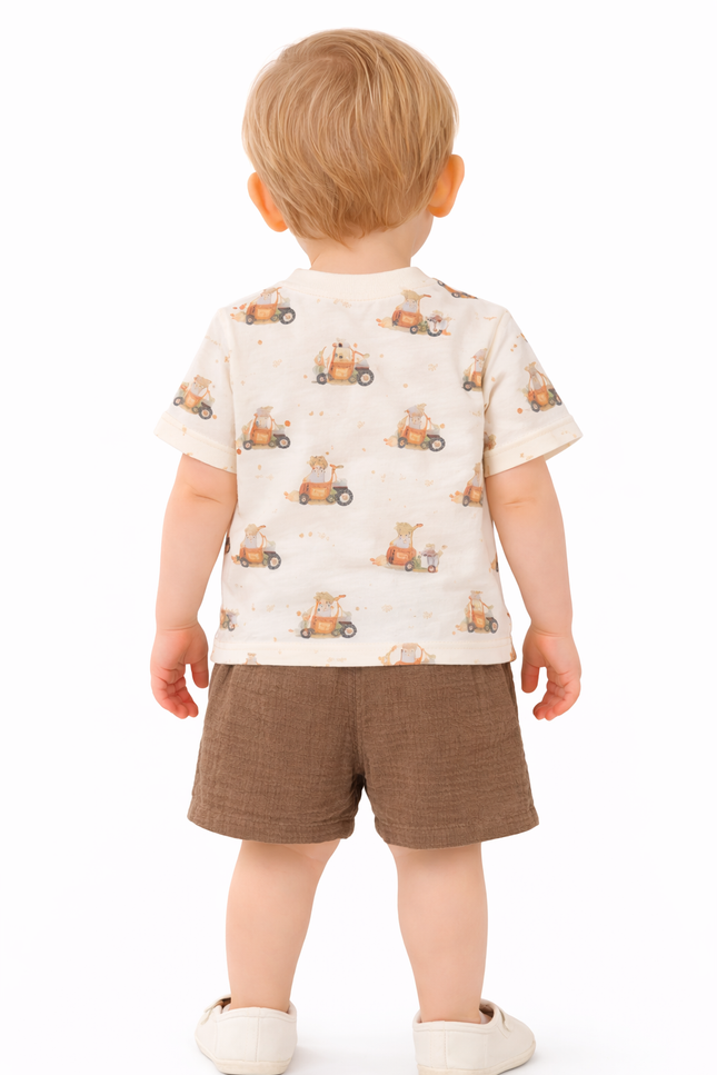 Infant Boys' Cream All-Over Tractor Print Tee and Brown Slub-Textured Shorts Set