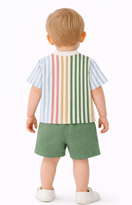 Infant Boys' Multi-Color Striped T-Shirt and Sage Green Shorts Set