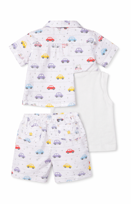 Kids' Summer Adventure Outfit – Printed Button-Down, Graphic Tee & Shorts Set