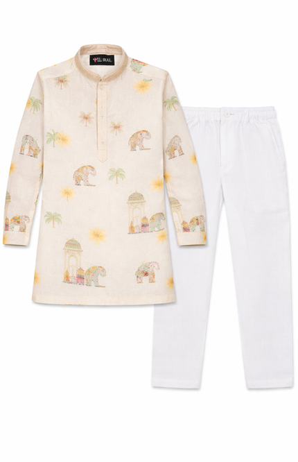 Boy's Ivory Cotton-Linen Kurta Pajama Set with Royal Elephant & Heritage Print