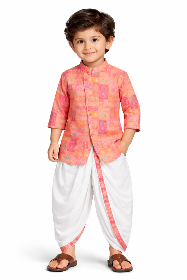 Infant Boys' Pink & Peach Patchwork Angrakha Kurta with Dhoti Set