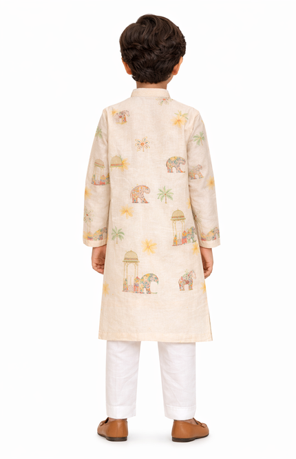 Boy's Ivory Cotton-Linen Kurta Pajama Set with Royal Elephant & Heritage Print