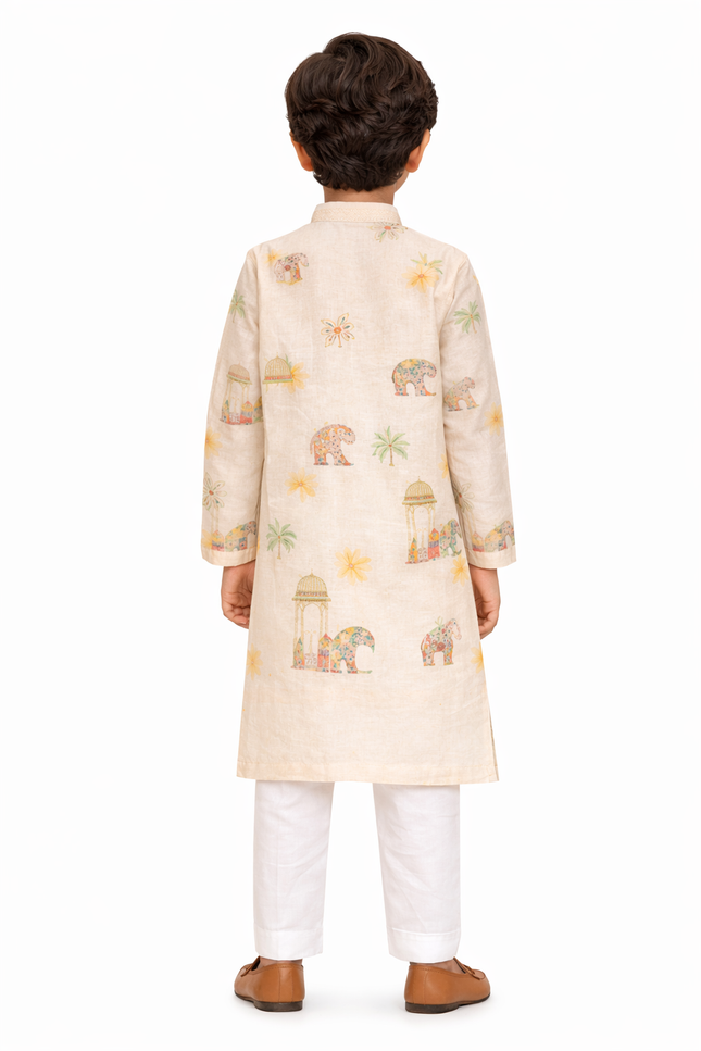 Boy's Ivory Cotton-Linen Kurta Pajama Set with Royal Elephant & Heritage Print