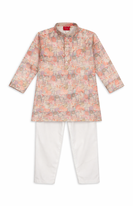 Boys' Peach Bohemian Mandala Patchwork Kurta & Pajama Set