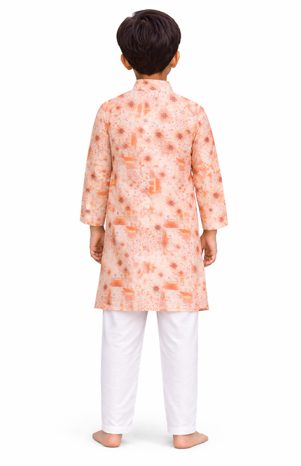 Kids' Designer Festive Kurta Pajama – Premium Peach Starburst Print Celebration Wear
