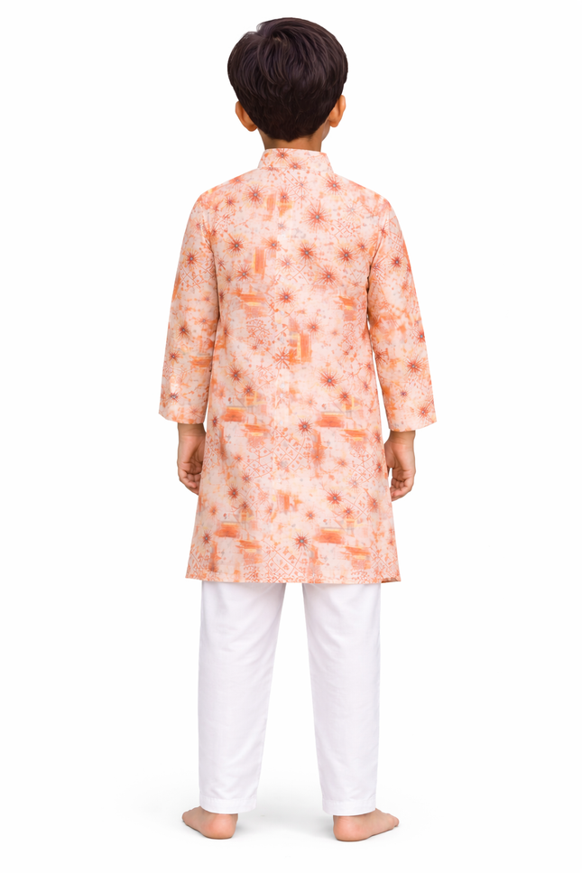 Kids' Designer Festive Kurta Pajama – Premium Peach Starburst Print Celebration Wear