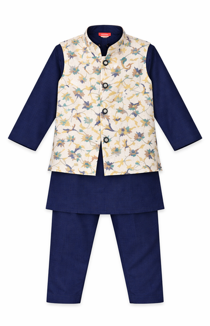 Kids' Premium 3-Piece Ethnic Set – Navy Blue Celebration Wear with Waistcoat