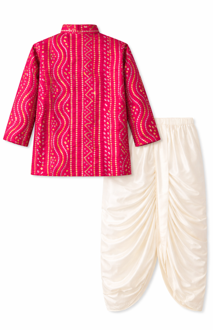 Boys' Festive Bandhani Print Kurta and Cream Dhoti Set