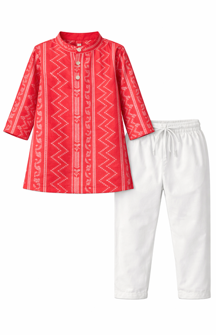Kids' Ethnic Festive Wear – Premium Red Cotton Kurta Set with White Pajama
