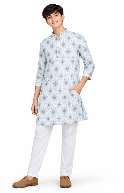 Teen Boys' Blue & Maroon Damask Kurta Set