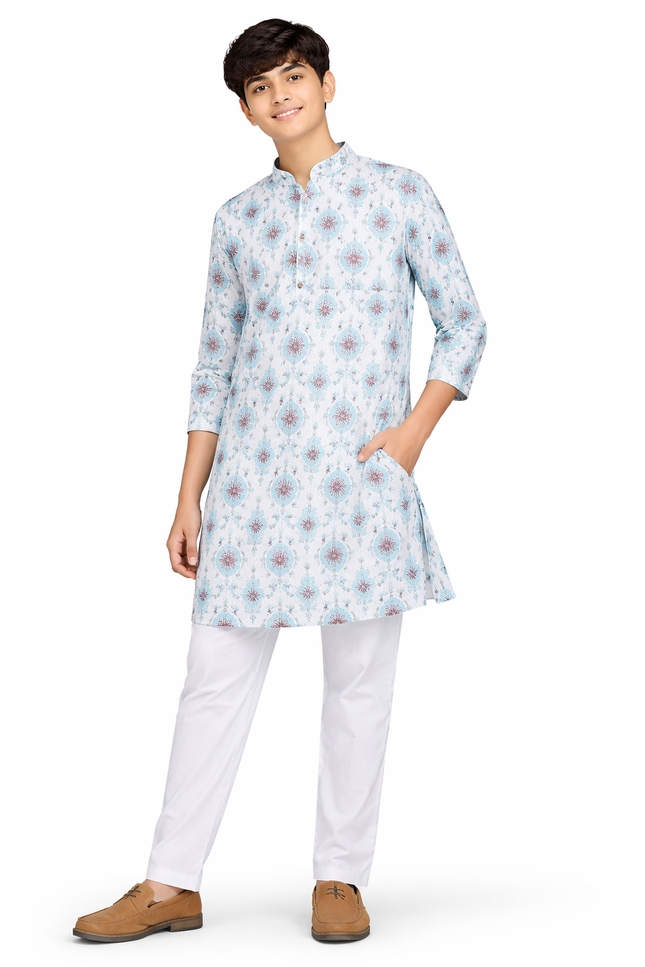 Teen Boys' Blue & Maroon Damask Kurta Set