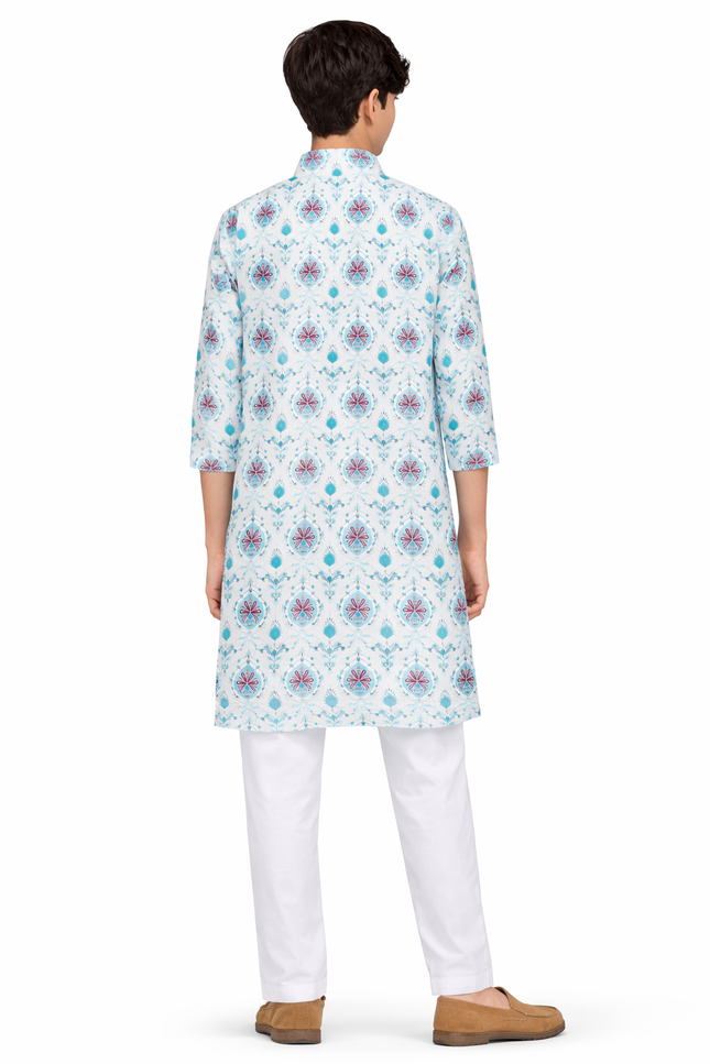 Teen Boys' Blue & Maroon Damask Kurta Set