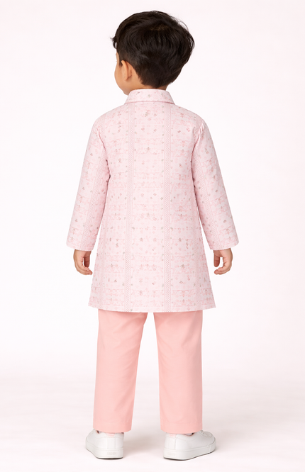 Boys' Blush Pink Geometric Print Kurta Set with Mirror Work