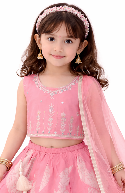 Girls' Candy Pink Lehenga Choli with Silver Zari Embroidery and Lace Border
