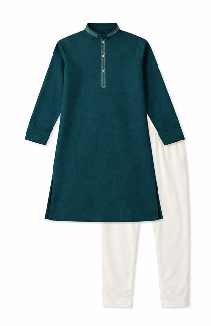 Teen Boys' Solid Kurta Set with Designer Placket