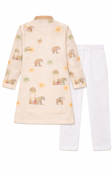 Boy's Ivory Cotton-Linen Kurta Pajama Set with Royal Elephant & Heritage Print