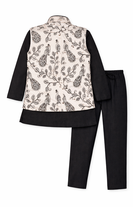 Boys' Black Kurta & Pajama Set with White Peacock Printed Nehru Jacket