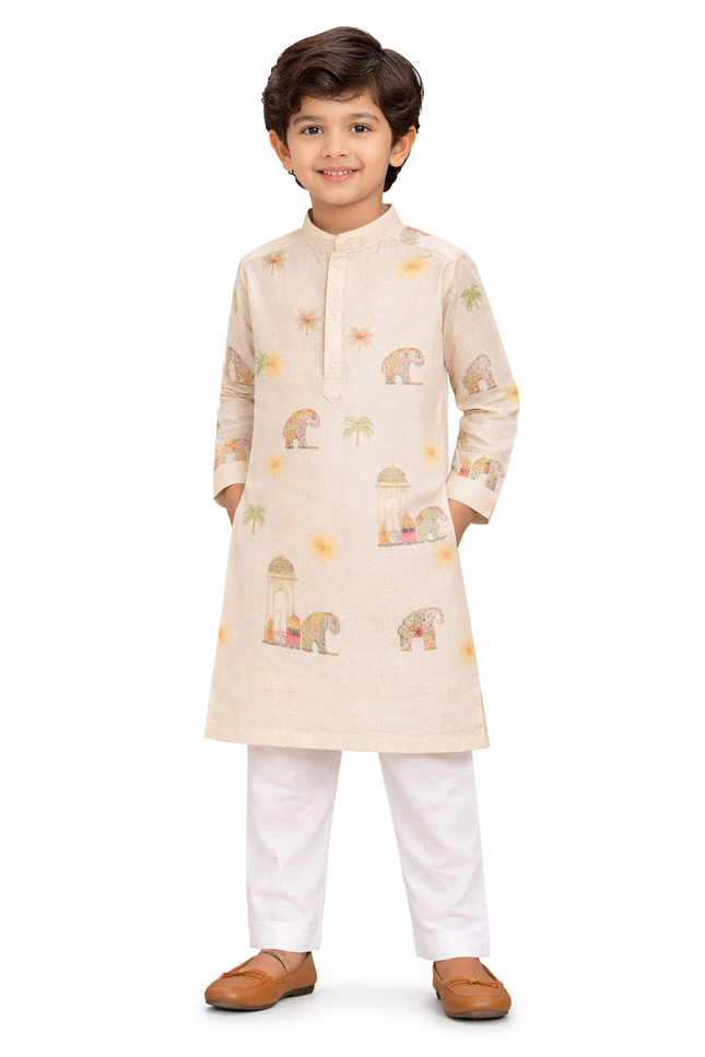 Boy's Ivory Cotton-Linen Kurta Pajama Set with Royal Elephant & Heritage Print
