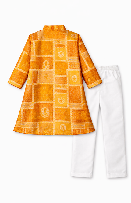 Kids' Ethnic Festive Set – Traditional Ochre Yellow Kurta & Cotton Pajama